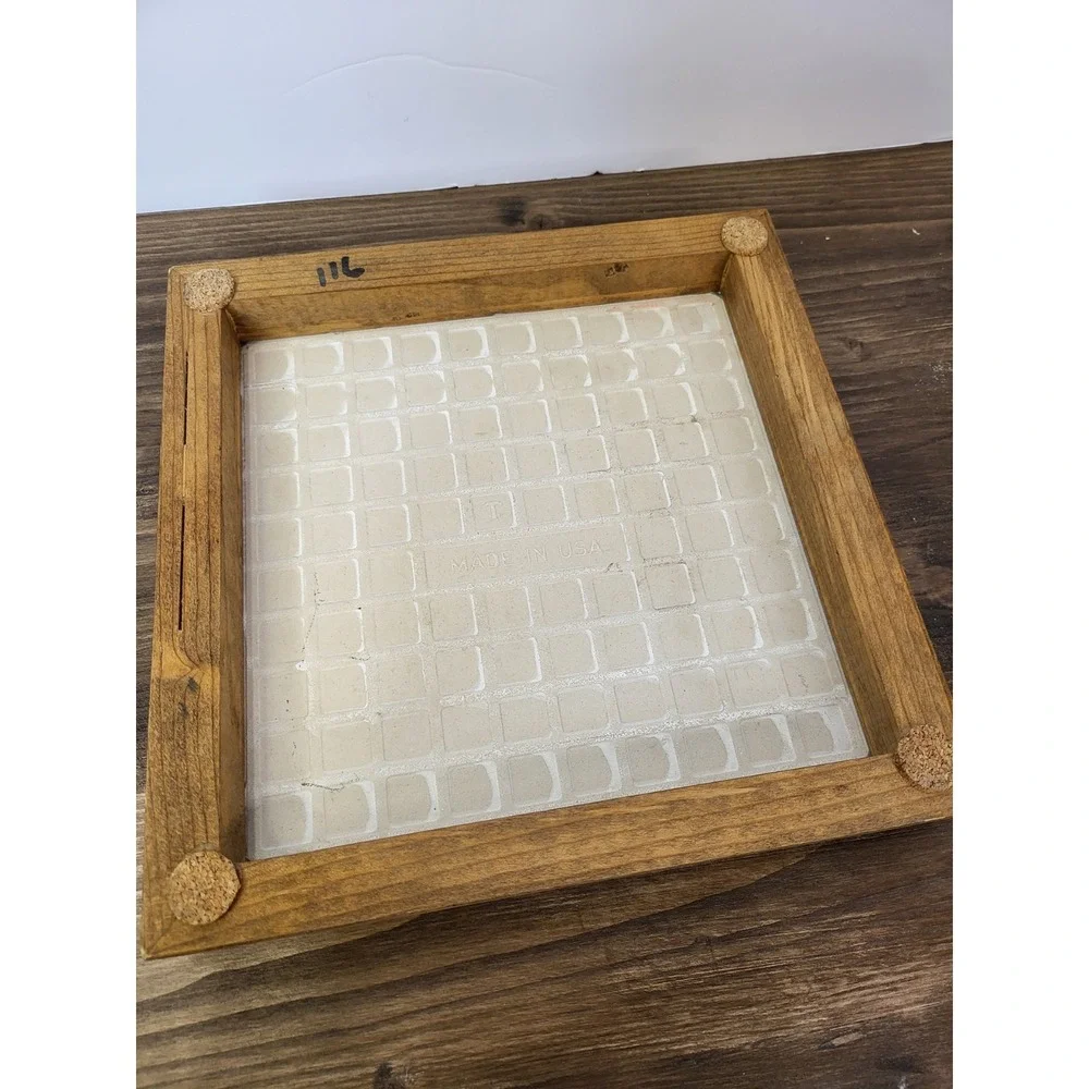 Vintage Wood Framed Ceramic Tile Trivet Wine Mushrooms 9x9 Made in USA